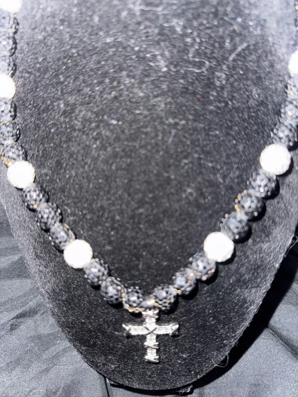 Stainless steel Cross Pendant Necklace with Black and‎ White Crystal Beads